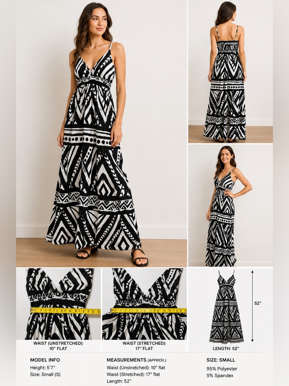 Bobbie Brooks Black White Geometric Maxi Dress Size Small